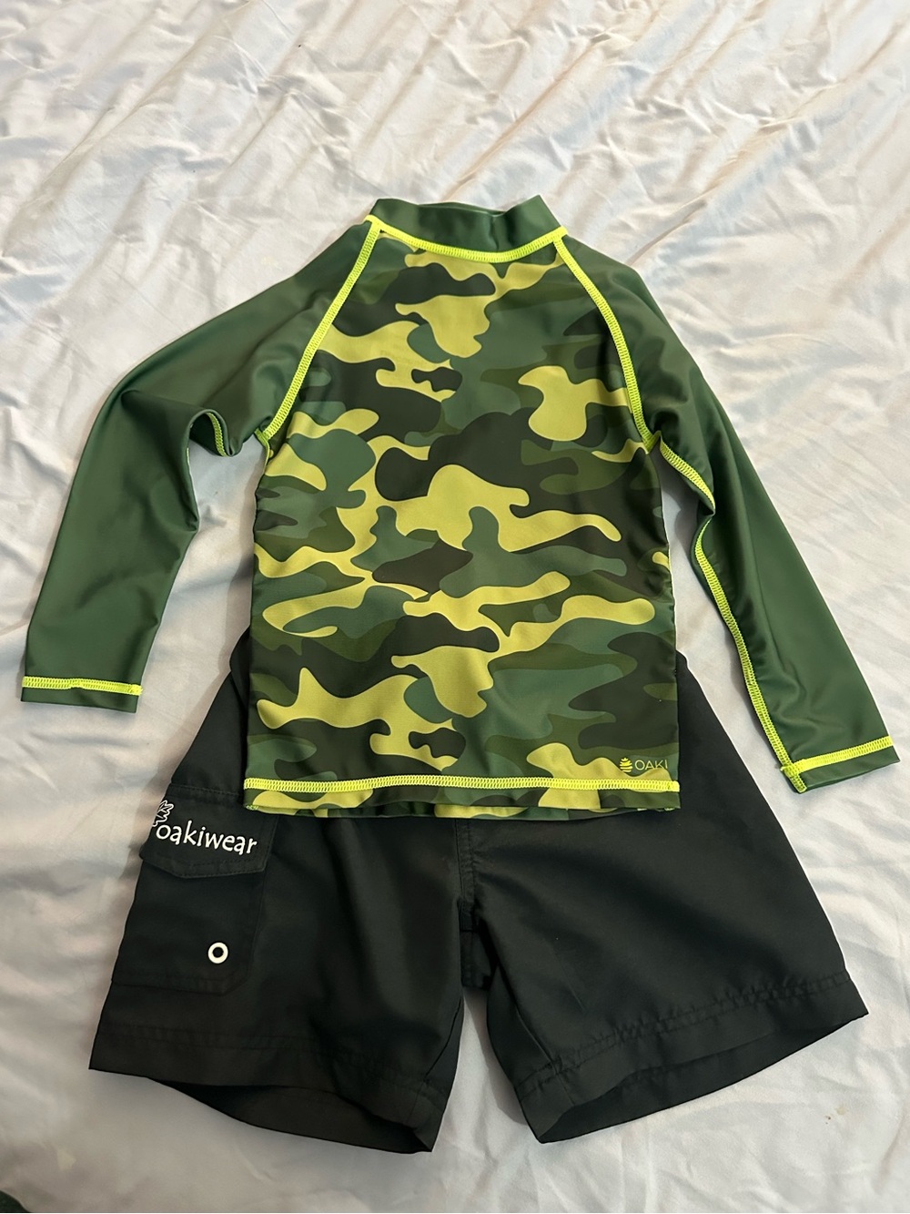 Swim Set: Oakiwear Green Camo Long Sleeve Rash Guard + Navy Blue Swim Shorts Set